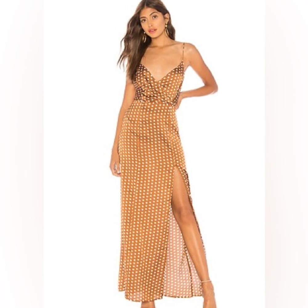 About Us - Lorie Slit Maxi Dress in Brown Polka Dot (Brown/White) (Size Small)